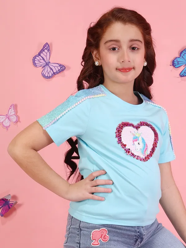Cutecumber_Girls_Blue_Short_Sleeve_Knit_T-Shirt_Top_Unicorn_Applique_Plain_Casual_Soft_Stretch_Summer_Tee_with_Button_Detail_Outfit_for_Baby_Girls_&_Kids_Age_1-15_Yrs