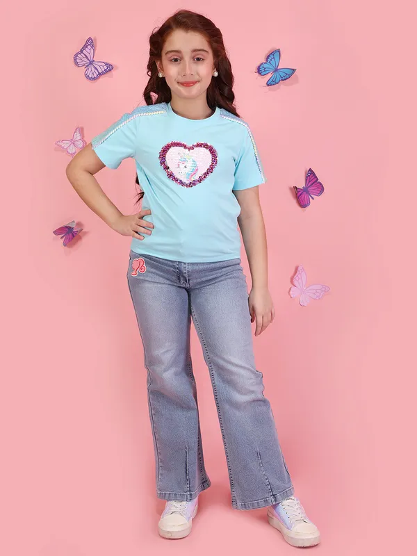Cutecumber_Girls_Blue_Short_Sleeve_Knit_T-Shirt_Top_Unicorn_Applique_Plain_Casual_Soft_Stretch_Summer_Tee_with_Button_Detail_Outfit_for_Baby_Girls_&_Kids_Age_1-15_Yrs