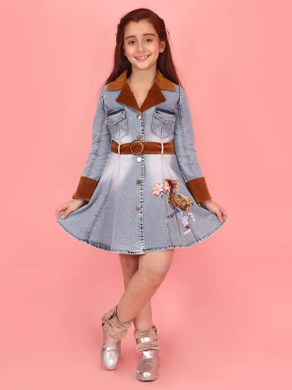 Cutecumber_Blue_Western_Denim_Dress_for_Girls_Tan_Trim_Collar_Neck_Full_Sleeve_Knee-Length_Fit_&_Flare_Frock_Belt_&_Zip_Closure_Stylish_Birthday_Party_Outfit_for_Baby_Girls_&_Kids_Age_1-15_Yrs
