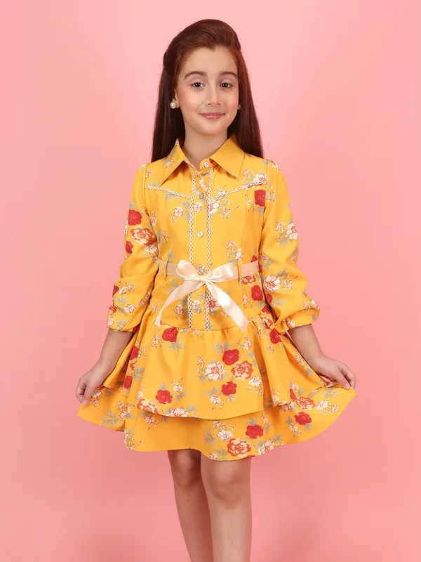 Cutecumber_Girls_Mustard_Floral_Dress_Designer_Layered,_Bow_Accent,_Comfortable_Polyester_Fabric_Trending_Outfit_for_Baby_Girls_Kids_Age_1-15_Years,_Fashion_Wear_India,_Stylish_Look