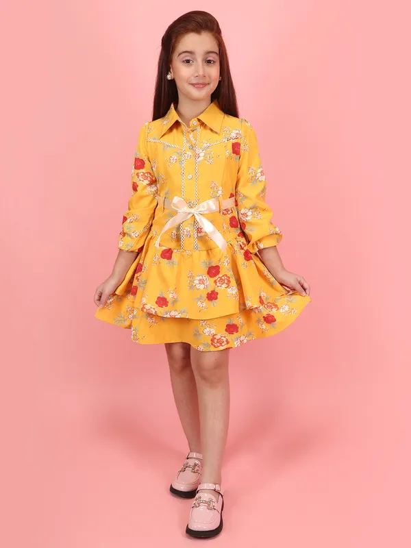 Cutecumber_Girls_Mustard_Floral_Dress_Designer_Layered,_Bow_Accent,_Comfortable_Polyester_Fabric_Trending_Outfit_for_Baby_Girls_Kids_Age_1-15_Years,_Fashion_Wear_India,_Stylish_Look