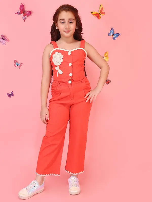 Cutecumber_Girls_Orange_Floral_Applique_Top_&_Trouser_Clothing_Set_with_Sleeveless_Strappy_Top,_Button_Closure,_Pocket_Design,_Trendy_Party_Outfit_Foil_Co-Ord_Set_For_Baby_Girls_&_Kids_Age_1-15_Yrs
