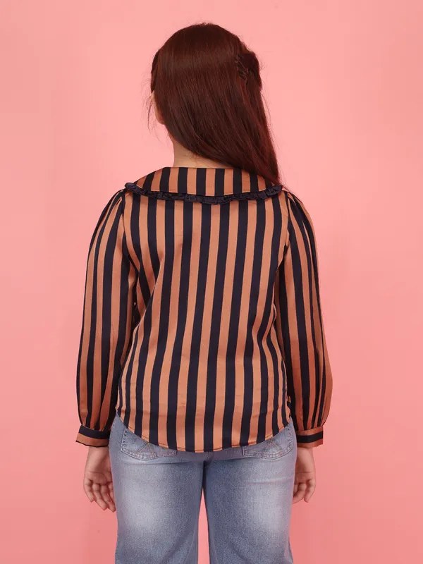Cutecumber_Tan_&_Navy_Full_Sleeve_Striped_Shirt_for_Girls_Peter_Pan_Collar_Mid_Length_Down_Top_Polyester_Blend_Fabric_Fancy_Button_Closure_Casual_Party_Outfit_for_Baby_Girls_&_Kids_Age_1-15_Yrs