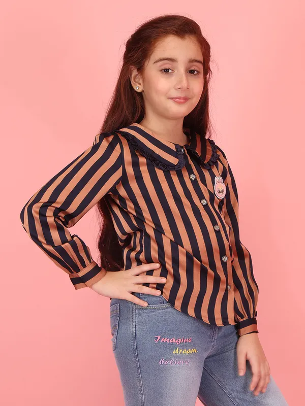 Cutecumber_Tan_&_Navy_Full_Sleeve_Striped_Shirt_for_Girls_Peter_Pan_Collar_Mid_Length_Down_Top_Polyester_Blend_Fabric_Fancy_Button_Closure_Casual_Party_Outfit_for_Baby_Girls_&_Kids_Age_1-15_Yrs