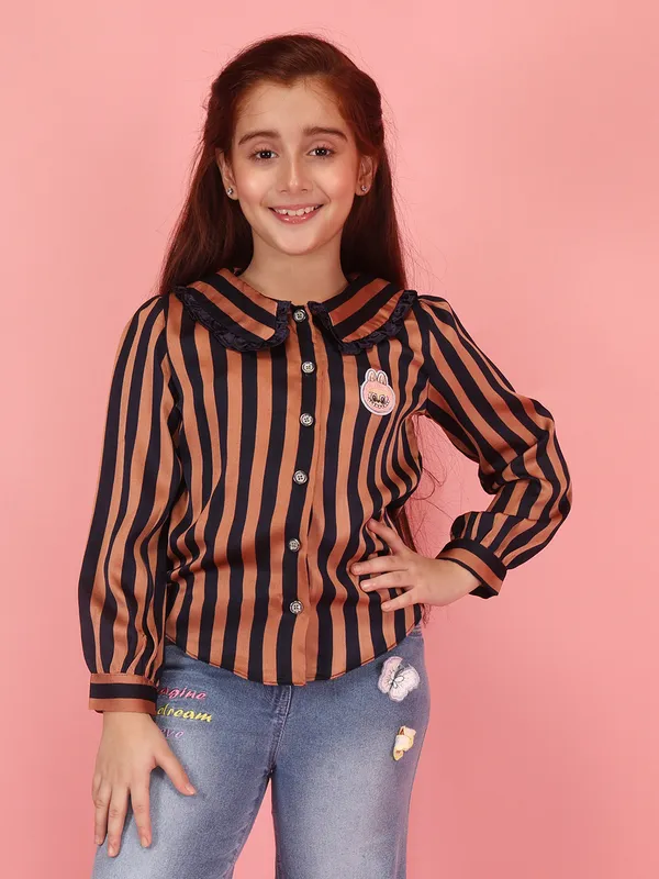 Cutecumber_Tan_&_Navy_Full_Sleeve_Striped_Shirt_for_Girls_Peter_Pan_Collar_Mid_Length_Down_Top_Polyester_Blend_Fabric_Fancy_Button_Closure_Casual_Party_Outfit_for_Baby_Girls_&_Kids_Age_1-15_Yrs