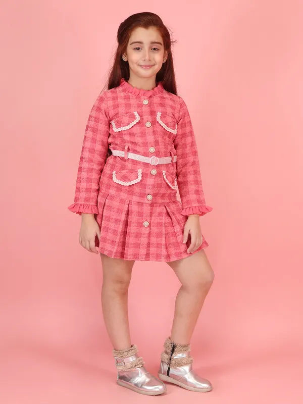 Cutecumber_Red_Winter's_Full_Bell_Sleeve_Dress_for_Girls_Check_Ruffled_Collar_Mini_Length_Skirt_Dress_Faux_Pearl_Button_Closure_Stylish_Multi-Pocket_Party_Outfit_for_Baby_Girls_&_Kids_Age_1-15_Yrs