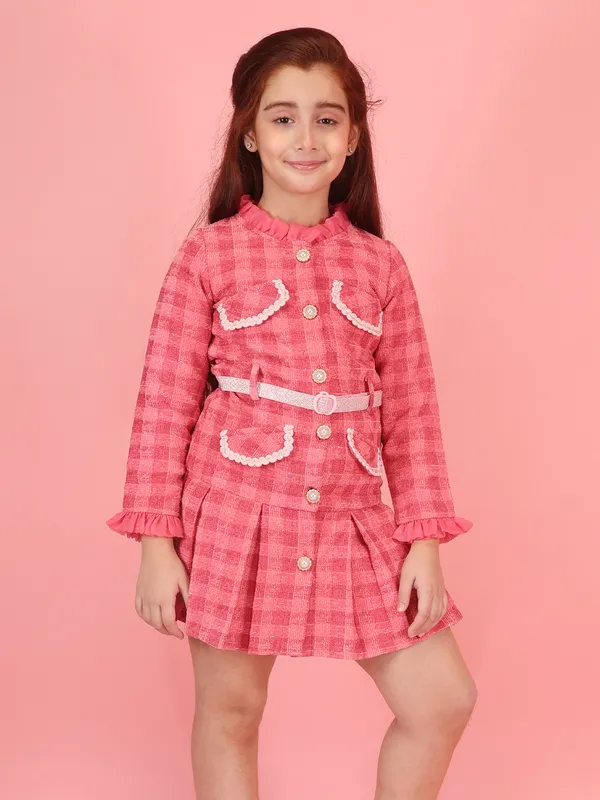 Cutecumber_Red_Winter's_Full_Bell_Sleeve_Dress_for_Girls_Check_Ruffled_Collar_Mini_Length_Skirt_Dress_Faux_Pearl_Button_Closure_Stylish_Multi-Pocket_Party_Outfit_for_Baby_Girls_&_Kids_Age_1-15_Yrs