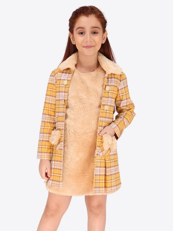 Cutecumber_Girls_Cotton_Blend_Checkered_Dress_with_Faux_Fur_Collar_Jacket_�_Back_Zip_Closure,_Party_Casual_Winter_Outfit_for_Baby_Girls_and_Kids_(Age_1�15_Years)_Yellow
