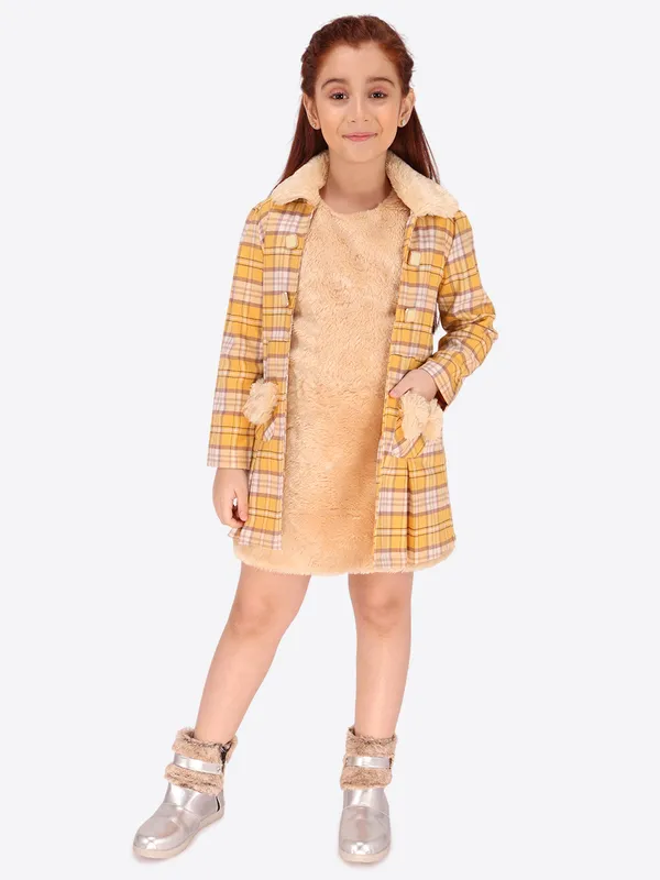 Cutecumber_Girls_Cotton_Blend_Checkered_Dress_with_Faux_Fur_Collar_Jacket_�_Back_Zip_Closure,_Party_Casual_Winter_Outfit_for_Baby_Girls_and_Kids_(Age_1�15_Years)_Yellow