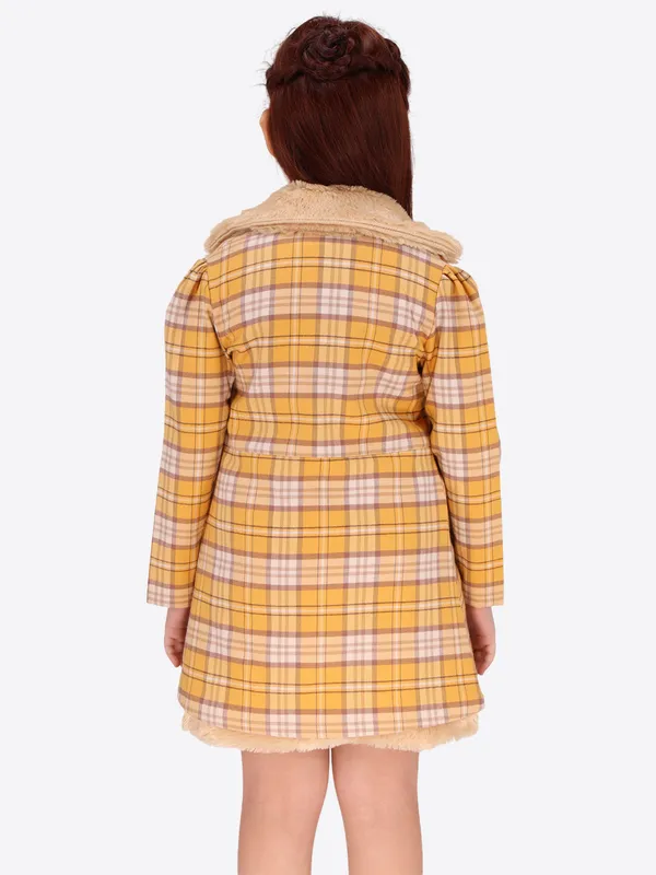 Cutecumber_Girls_Cotton_Blend_Checkered_Dress_with_Faux_Fur_Collar_Jacket_�_Back_Zip_Closure,_Party_Casual_Winter_Outfit_for_Baby_Girls_and_Kids_(Age_1�15_Years)_Yellow