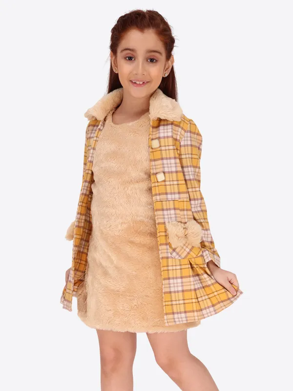 Cutecumber_Girls_Cotton_Blend_Checkered_Dress_with_Faux_Fur_Collar_Jacket_�_Back_Zip_Closure,_Party_Casual_Winter_Outfit_for_Baby_Girls_and_Kids_(Age_1�15_Years)_Yellow