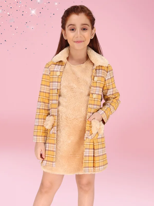 Cutecumber_Girls_Cotton_Blend_Checkered_Dress_with_Faux_Fur_Collar_Jacket_�_Back_Zip_Closure,_Party_Casual_Winter_Outfit_for_Baby_Girls_and_Kids_(Age_1�15_Years)_Yellow