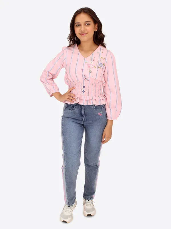 Cutecumber_Girls_Cotton_Stripe_3/4th_Sleeves_Printed_Top_Peach