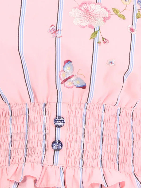 Cutecumber_Girls_Cotton_Stripe_3/4th_Sleeves_Printed_Top_Peach