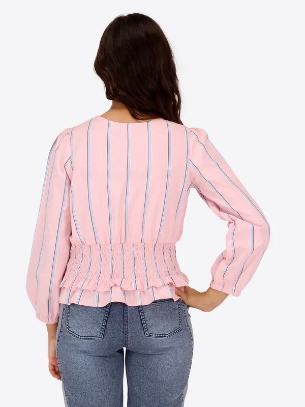Cutecumber_Girls_Cotton_Stripe_3/4th_Sleeves_Printed_Top_Peach