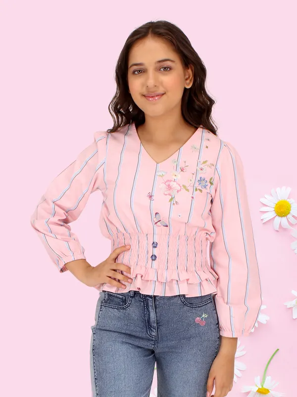 Cutecumber_Girls_Cotton_Stripe_3/4th_Sleeves_Printed_Top_Peach