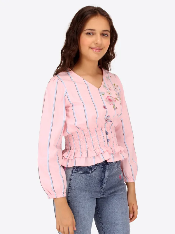 Cutecumber_Girls_Cotton_Stripe_3/4th_Sleeves_Printed_Top_Peach
