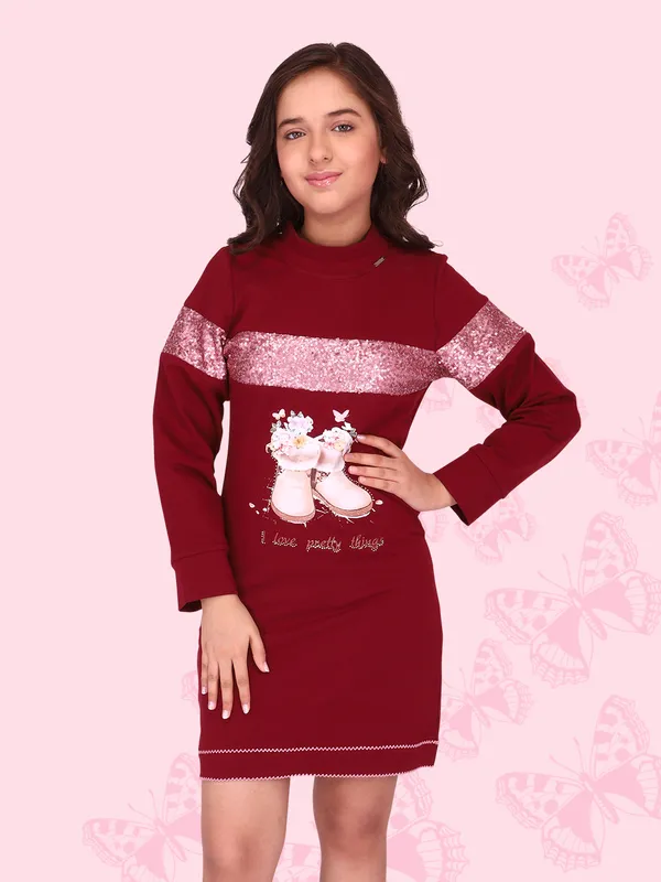 Cutecumber_Girls_Hosiery_Sequined_Shift_Full_Sleeves_Winter_Maroon_Dress