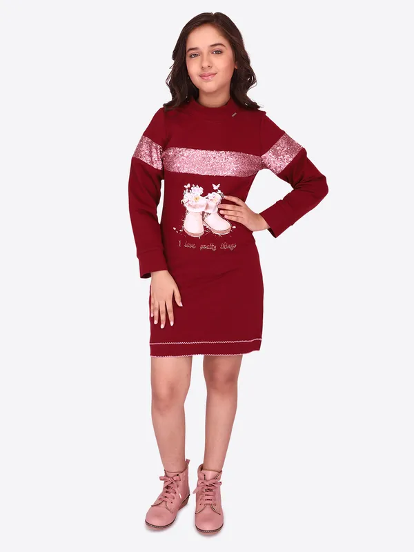 Cutecumber_Girls_Hosiery_Sequined_Shift_Full_Sleeves_Winter_Maroon_Dress