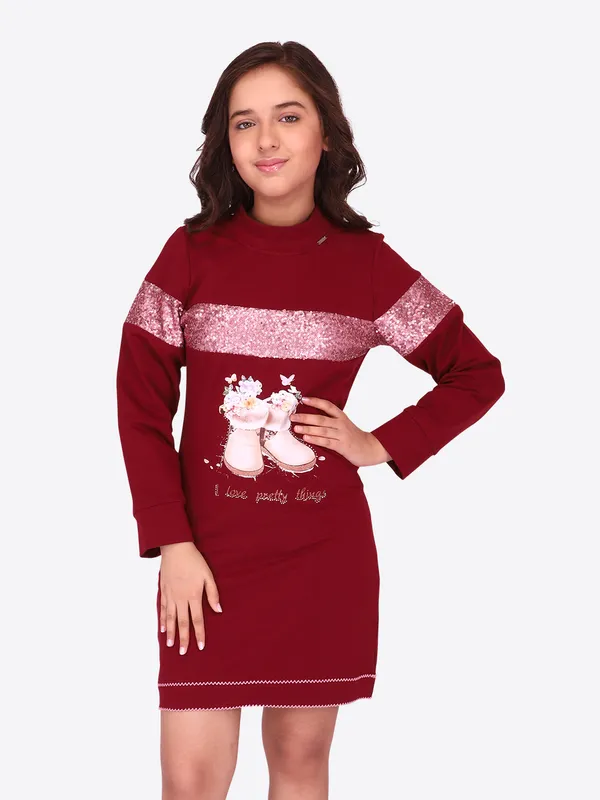 Cutecumber_Girls_Hosiery_Sequined_Shift_Full_Sleeves_Winter_Maroon_Dress