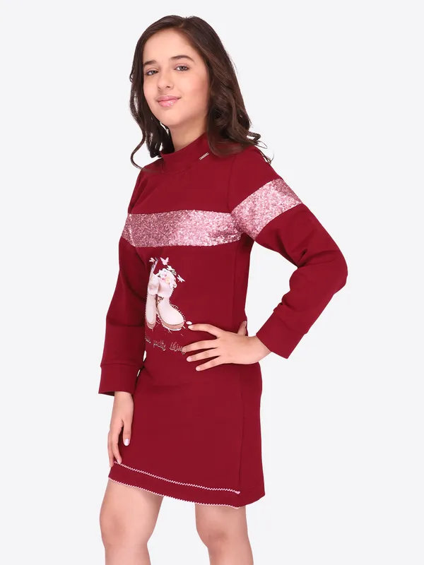 Cutecumber_Girls_Hosiery_Sequined_Shift_Full_Sleeves_Winter_Maroon_Dress
