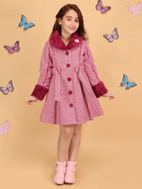 Cutecumber_Girls'_Winter_Plum_Dress_Check_Woolen_Fur_Lapel_Collar_Full_Fur_Sleeve_Knee-Length_Fit_&_Flare_Frock_Button_Closure_Stylish_Party_&_Casual_Outfit_for_Baby_Girls_&_Kids_Age_1-15_Yrs