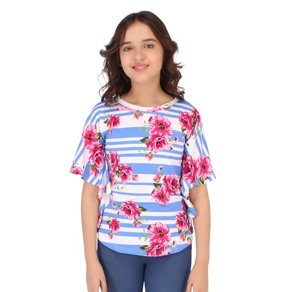 Cutecumber_Girls_Cotton_Knit_Striped_&_Floral_Printed_Blue_Top.