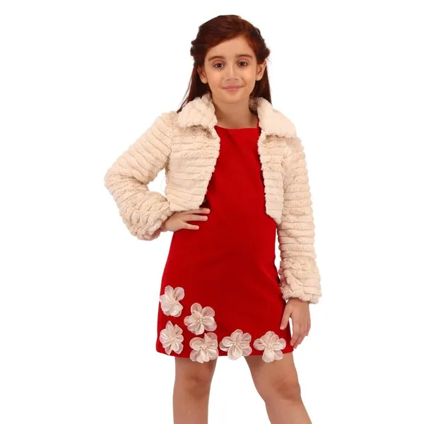 CuteCumber Cutecumber Girls Red Velvet Dress with Beige Fur Jacket Shrug  Two-Piece Winter Party Set, 3D Flower Hem, Back Zip Closure for Baby Girls  & ...