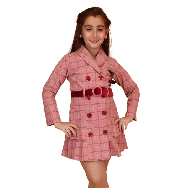 Cutecumber_Pink_Winter_Dress_for_Girls'_Check_Velour_Peak_Lapel_Collar_Full_Sleeve_A-Line_Mini_Frock_Double_Breasted_Belted_Fancy_Button_Closure_Casual_Party_Outfit_for_Baby_Girls_&_Kids_Age_1-15_Yrs