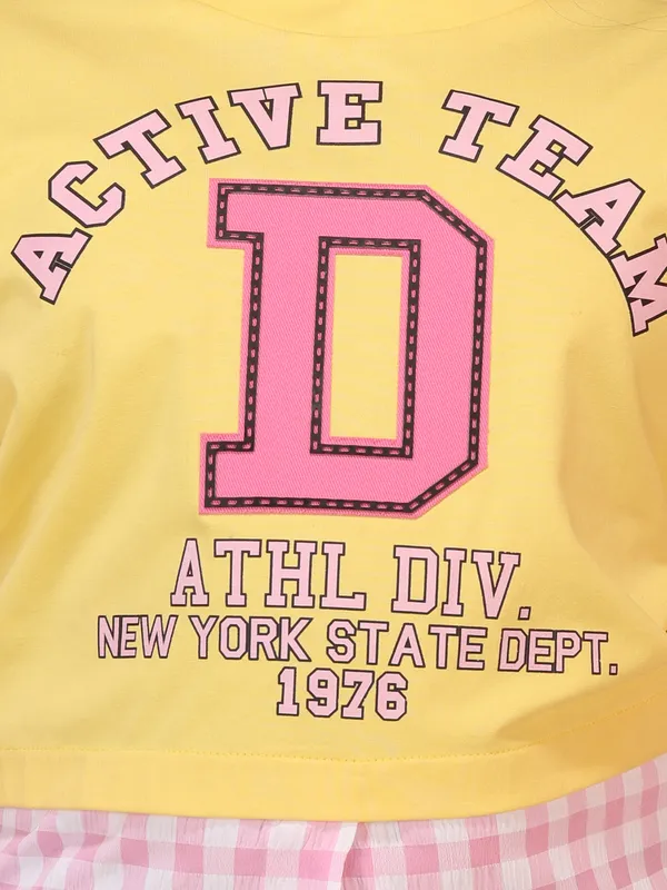 Girls_Yellow_Round_Neck_Short_Sleeve_Graphic_Top_with_Pink_Checked_Layered_Hem