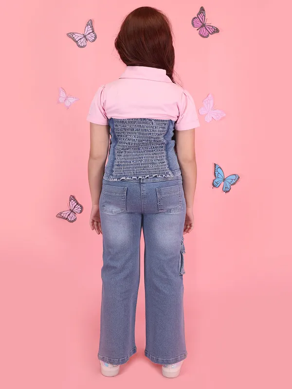 Girls_Pink_Blue_Denim_Coord_Set_Collar_Neck_Short_Sleeve_Top_Wide_Leg_Jeans_Outfit