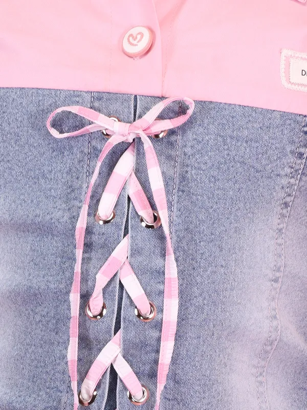 Girls_Pink_Blue_Denim_Coord_Set_Collar_Neck_Short_Sleeve_Top_Wide_Leg_Jeans_Outfit