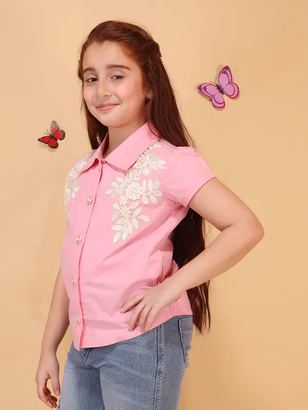 Girls_Pink_Embroidered_Shirt_Top_with_Floral_Embroidery_Applique,_Collar_Neck
