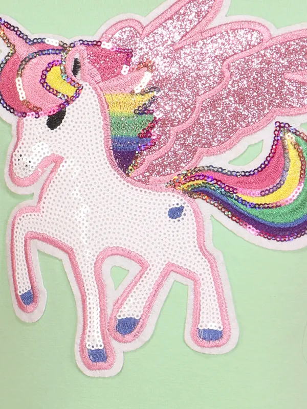 Girls_Green_Unicorn_Patch_Top,_Cotton_Knit_Stylish_T-Shirt_for_Kids,_Casual_Partywear