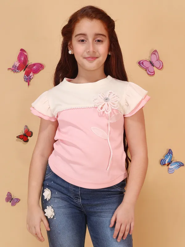 Girls_Peach_Floral_Applique_Top_with_Flutter_Short_Sleeves,_Round_Neck,_Pull_On
