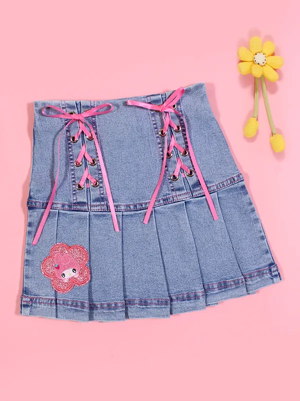 Girls_Blue_Denim_Pleated_Skirt_with_Lace-Up_Bow_Detail_Cute_Applique_Patch_Design