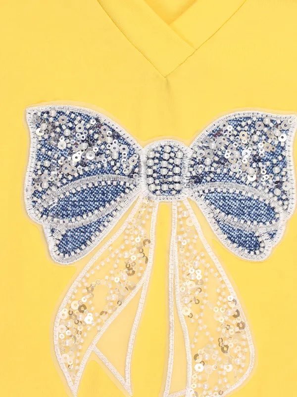 Girls_Yellow_Knit_T-Shirt_Top_with_Denim_Collar_Sequin_Bow_Applique_Design_Soft