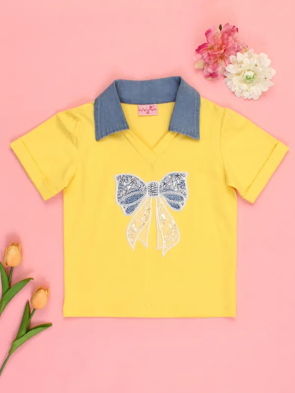 Girls_Yellow_Knit_T-Shirt_Top_with_Denim_Collar_Sequin_Bow_Applique_Design_Soft