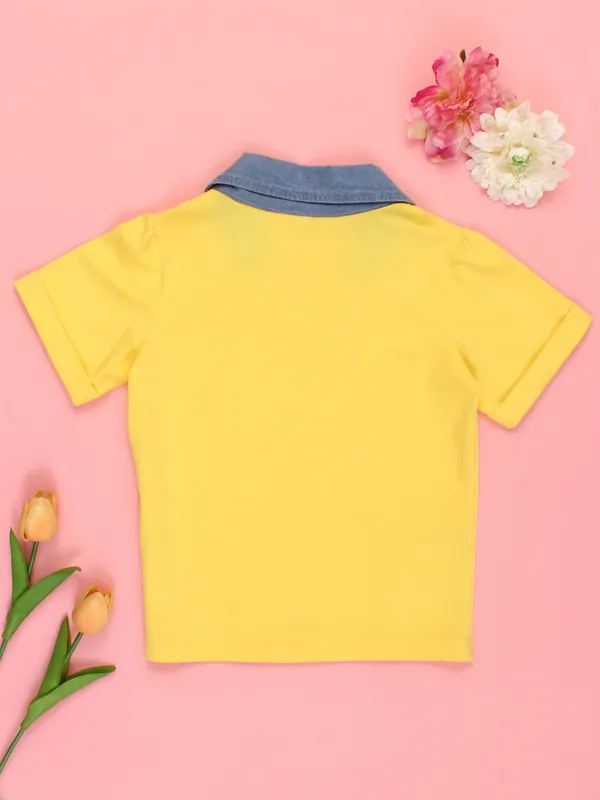Girls_Yellow_Knit_T-Shirt_Top_with_Denim_Collar_Sequin_Bow_Applique_Design_Soft