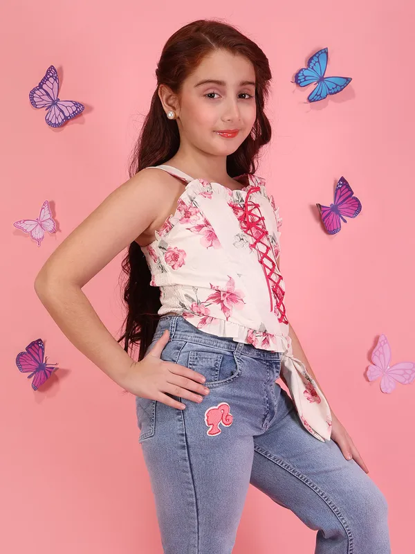 Girls_White_Fuchsia_Floral_Top_Tie_Up_Detail_Party_Casual_Top,_T_Shirt_Soft_Polyester