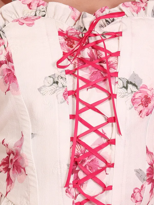 Girls_White_Fuchsia_Floral_Top_Tie_Up_Detail_Party_Casual_Top,_T_Shirt_Soft_Polyester