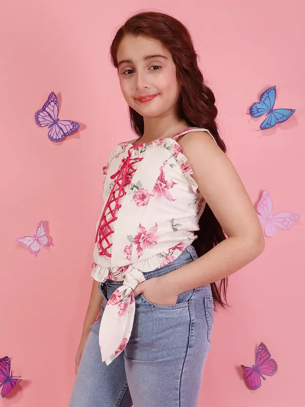 Girls_White_Fuchsia_Floral_Top_Tie_Up_Detail_Party_Casual_Top,_T_Shirt_Soft_Polyester
