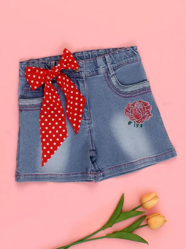 Cutecumber_Girls_Blue_Denim_Shorts_with_Polka_Dot_Bow_Belt_Embroidered_Rose_Patch_Casual_Summer_Stylish_Kids_Shorts_with_Button_Zip_Closure_for_Baby_Girls_&_Kids_Age_1-15_Yrs