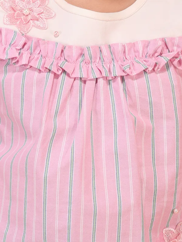 Girls_Peach_Striped_Cold_Shoulder_Top_with_Floral_Applique,_Ruffle_Neckline