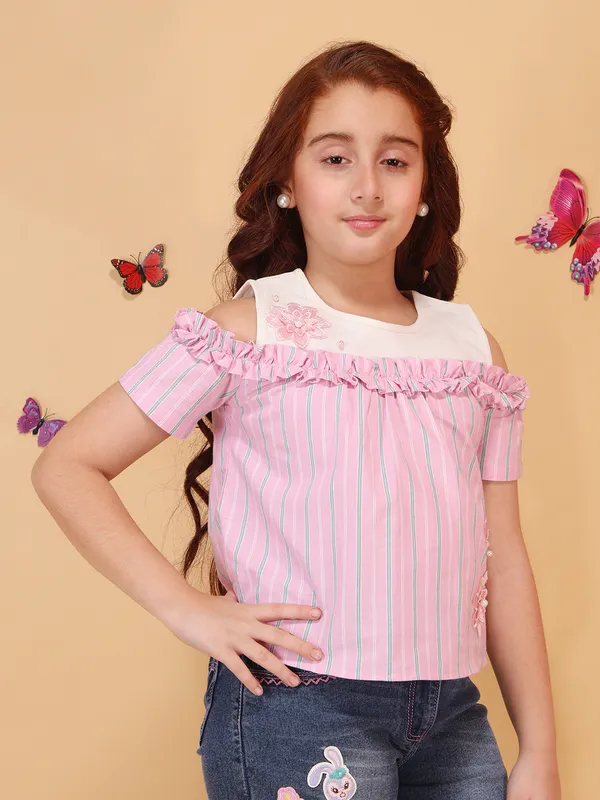 Girls_Peach_Striped_Cold_Shoulder_Top_with_Floral_Applique,_Ruffle_Neckline
