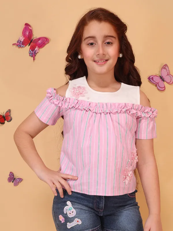 Girls_Peach_Striped_Cold_Shoulder_Top_with_Floral_Applique,_Ruffle_Neckline
