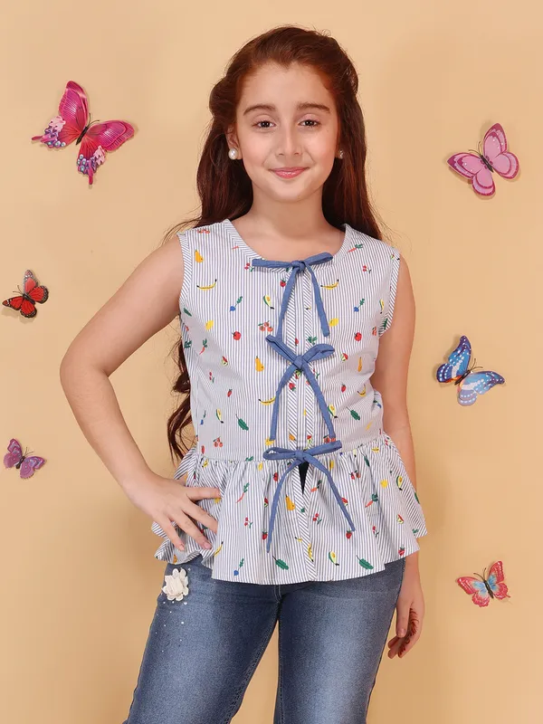 Girls_Blue_Striped_Sleeveless_Peplum_Top_with_Bow_Tie_Detail,_Fruit_Print,_Round_Neck