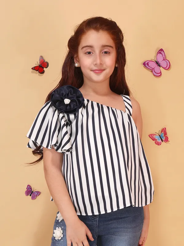 Girls_Blue_One_Shoulder_Striped_Top_with_Floral_Applique,_Flared_Sleeve_Detail