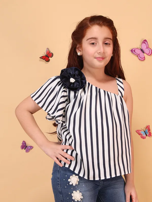Girls_Blue_One_Shoulder_Striped_Top_with_Floral_Applique,_Flared_Sleeve_Detail