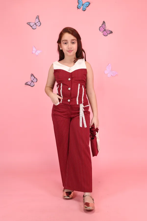 Cutecumber_Girls_Red_Striped_Summer_wear_Two_Piece_Clothing_Set_Polyester_Fabric_Zip_Closure_Sleeveless_V_Neck_Top_with_Straight_Fit_Pants_Plain_Cuff_Stylish_for_Baby_Girls_&_Kids_1-15_Yrs